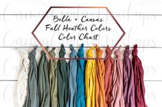 several colors of scarves hanging on a rack with the words, bella + lunas full heater colors color chart