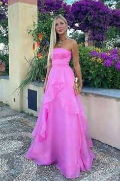 strapless pink tulle A-line long formal dress