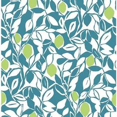 a blue and green wallpaper with leaves on it