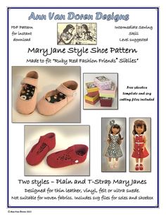 an advertisement for mary jane style shoe pattern, with pictures of shoes and other items