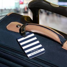 Navy and White Stripe Personalised Luggage Tag Travel Gift Idea #travel #gift #idea #photography #love #inspiration #travelphotography #christmas #success #nature #giftideas #art #photooftheday #holiday #design #travelgram #fashion #money #handmade #startup #instagood #wanderlust #gifts #motivation #adventure #creative #usa #shopping #luxury #beautiful Tag Design Ideas, Luggage Tag Design, Funny Luggage Tags, Personalized Bag Tags, Pink Luggage, Monogram Luggage, Personalized Luggage, Travel Theme, Custom Luggage Tags