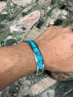 "* Aluminum Cuff Bracelet. 3.5 X 14 mm Thick and Wide. * Polished and Brushed Inside. * Mixed King Man Turquoise Inlay. * Weight 18 g. 0.6 oz for the 6.5\" Wrist. * Listed has 3.5 mm Thickness. 5 mm thickness is available on the option. * Measure your whole wrist tightly on the wrist bone and mark it on the option. Do not add or less on your measured one. It will be added 1/10\" on your wrist size for the comfortable." Mens Turquoise Cuff Bracelet, Turquoise Men, Mens Bracelet Silver, Wedding Jewelry Bracelets, Best Gifts For Men, Sterling Silver Mens, Bracelet Clasps, Wedding Bracelet, Turquoise Gemstone