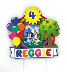 a sign that says reggie on it with balloons and a cartoon character in the center