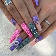 Bright Spooky Nails, Halloween Comic Nails, Halloween Nails Horror, Extra Nail Designs, Pink October Nails, Funky Halloween Nails, Edgy Halloween Nails, Themed Acrylic Nails, Scooby Doo Nails