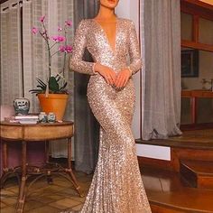 Mermaid/Trumpet Open Back Sequence Formal Evening Dress Long Sequin Dress, Rose Gold Sequin, Party Kleidung, Long Sleeve Gown, Mini Robes, Formal Party Dress, Maxi Robes, Evening Party Dress, Formal Party