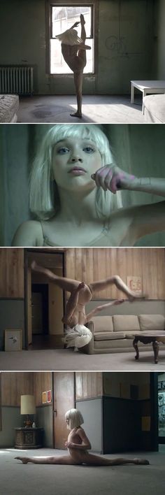 three different shots of a woman in a room