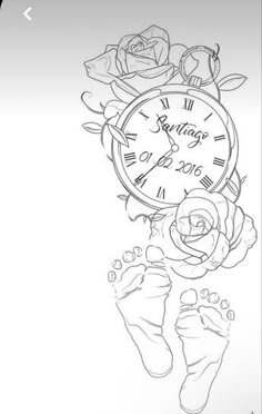 a drawing of a clock with roses on it