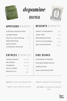 Use this dopamine menu as a guide for when you need alternative & healthy ways to get a dopamine fix. Change your life with @upperavenue   #dopaminemenu #dopamine #healthydopamine #dopaminemenuideas #healthyactivities #mentalhealth #health #visionboard #changeyourlife #aesthetichabits #helathyhabit #wellness Healthy Sources Of Dopamine, Dopamine Menu Morning Routine, Dopamine Menu Ideas Journal, Dopamenu Ideas, Dopamine Menu Template, Healthy Dopamine, Health Visionboard, Dopamine Menu Ideas, Dopamine Foods