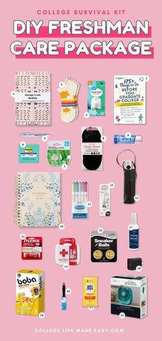 College Survival Kit: DIY Freshman Care Package College Freshman Survival Kit, College Gift Baskets, Dorm Gifts, Diy Care Package, College Survival Kit, Diy Survival, Survival Kit Gifts, School Survival Kits