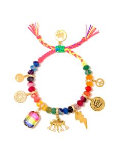 Add a pop of color and sparkle to your outfit with our Rainbow Gems Bracelet. Featuring vibrant rainbow agate stones, pave rhinestones, and fun smiley charms, this bracelet is sure to brighten up your day. With a playful rhinestone rain cloud and lightning bolt, you'll be ready to take on any storm with a smile. 6" Adjustable rainbow threadwork Drawstring closure (extendable up to 8") Gold plated brass hardware Agate charms Pave rhinestone charms Crystal rhinestones Handmade in New York City and Rainbow Agate, Venessa Arizaga, Dream Bracelet, Rain Cloud, Gems Bracelet, Heart Chain, Hair Rings, Scarf Jewelry, Lightning Bolt