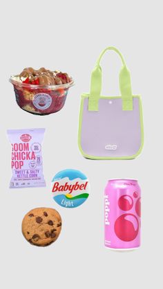 various foods and drinks are arranged on a white background with a green tote bag