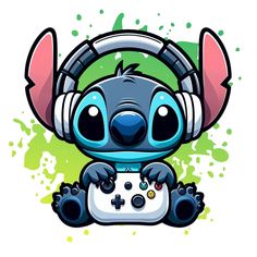 a cartoon character with headphones holding a game controller