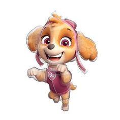 a cartoon dog is wearing a pink hat and red shorts with her arms out in the air