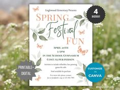 the spring festival flyer is displayed in front of some white flowers and green grass with butterflies