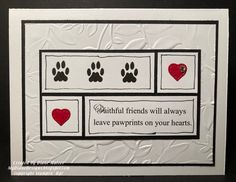 a handmade card with dog paw prints and hearts on the front, which reads beautiful friends will always leave pawprints on your hearts