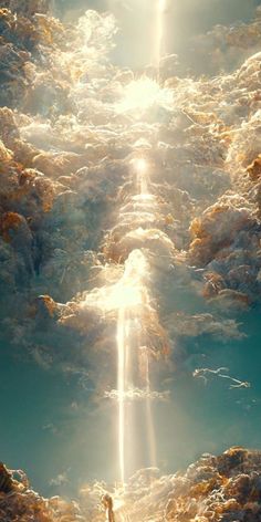 the sky is filled with clouds and sun beams, as if they were floating in space