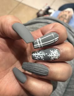 Winter Nails Solid Color 2023-2024 24 Ideas: Embrace the Season with Style Coffin Shape Winter Nails, Coffin Shape Nails Winter, Argyle Sweater Nails, Grey Christmas Nails Acrylic, Grey Scale Nails, Grey Xmas Nails, Gray And White Nails Ideas, Grey Christmas Nail Designs