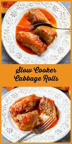 two plates with stuffed cabbage rolls on them