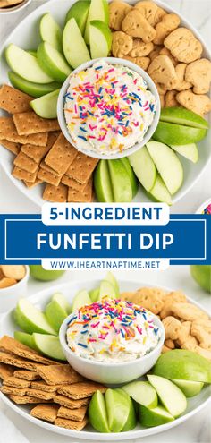 an assortment of snacks and dips with the words, 5 ingredient funeti dip