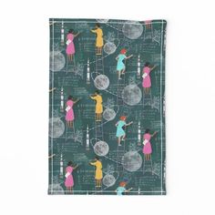 a tea towel with people standing on ladders in front of the moon