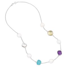 Handcrafted in sterling silver, this chain necklace is adorned with five white baroque pearls and four faceted gemstones in a mix of amethyst, rock crystal, lemon quartz and green chalcedony. Baroque pearls are naturally irregular in shape and known for their one-of-a-kind nature. The piece is complete with our ultra-secure signature D&H lobster catch. A colourful yet elegant style to wear forever, this design is perfect to wear on it's own or with other necklaces and pendants for a layered look Amethyst Rock, Pebble Necklace, Green Chalcedony, Lemon Quartz, Recycled Metal, Drop Necklace, Rock Crystal, Faceted Gemstones, Baroque Pearls