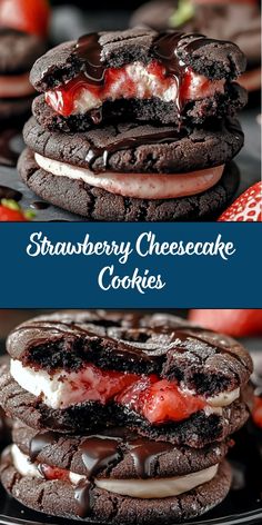 strawberry cheesecake cookies are stacked on top of each other