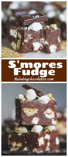 chocolate fudge bars stacked on top of each other with marshmallows in the middle