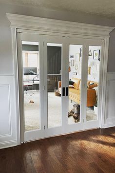 a dog laying on the floor in front of some glass doors that lead into a living room