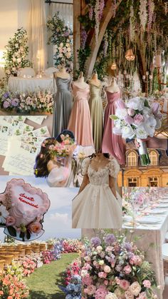 a collage of wedding gowns, flowers and other things in the photo are shown