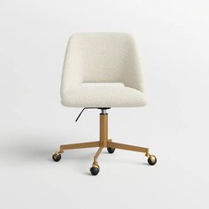 a white office chair with wheels and casteors on an isolated surface, viewed from the front