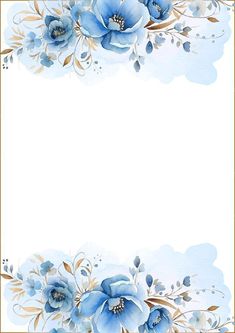 blue flowers and leaves are on the corner of a white background with gold trimmings