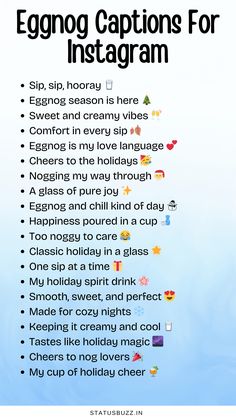 an info sheet with the words eggnog captions for instagram on it