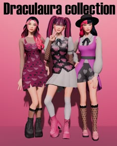 three dolls are standing next to each other in front of a pink background with the caption draculaa collection