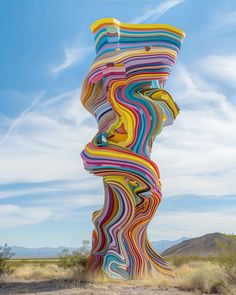 a very tall colorful sculpture sitting in the middle of a field