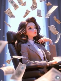 a woman is sitting in an office chair with money falling from the sky behind her