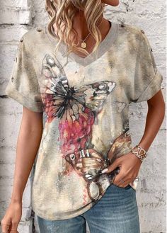 Color:Light Camel;Size:S;Size:M;Size:L;Size:XL;Size:XXL;Package Contents:1 X T Shirt;Occasion:Other;Style:Casual; Casual Beige Printed Top, Printed Beige V-neck Top, Casual Beige V-neck T-shirt, Patchwork Butterfly, Camel Shorts, Elegant Dresses Plus Size, Beach Bridesmaid Dresses, Swimwear Suits, Plaid Outfits