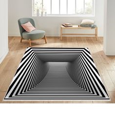 a black and white area rug with an abstract design