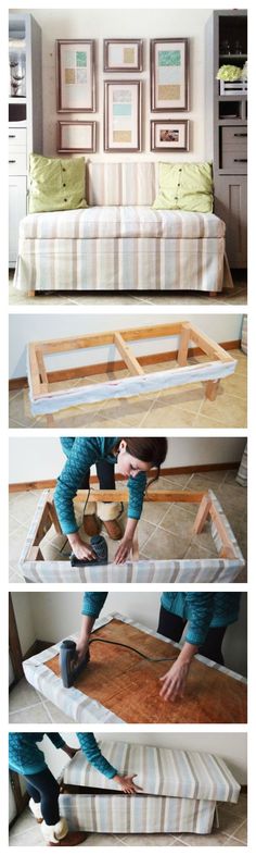 three pictures showing how to make a sofa out of mattresses and wood pallets