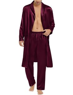 PRICES MAY VARY. 95% Polyester, 5% Spandex Imported Tie closure Hand Wash or Gentle Machine Wash 🛀Premium Fabric: Classic men's Bathrobe with Pants made of 95% Polyester, 5% Spandex silk satin material, luxuriously soft, lightweight material with silky feel for comfy night sleep 🛀2PCS Sleepwear: Men's Kimono bathrobe with pants set included a knee-length, long-sleeve robe with two front pockets, classical v-neck design with two pockets for small items; belt loops and inside ties for free adjustment; pants with soft elastic waist. Very comfortable for wearing around the house, lounging, and before/after spicy activities 🛀Various Occasions: Mens Silky robe set's design is cool and looks high-end, perfect for mornings just waking up and not trying to find a shirt, an excellent choice for b Mens Silk Pajamas, Men's Kimono, Kimono Bathrobe, Silky Robe, Bathrobe Men, Male Kimono, Long Sleeve Kimono, Lounge Robes, Silk Satin Fabric