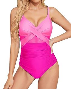 Embark on a glamorous adventure with our Mesh Cutout Wrap Front Ruched One Piece Swimsuit, featuring a flattering wrap front, daring sheer mesh cutout, and moderate pleated design that will make you feel like a beach-side goddess at any... Cross Swimsuit, Affordable Swimwear, Best Swimsuits, Elegant Feminine