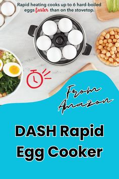 the cover of dash rapid egg cooker cookbook is shown with eggs and other ingredients