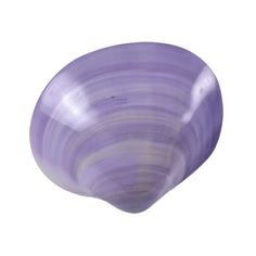 a purple glass bowl sitting on top of a white table