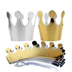 three crowns with different colors and sizes for each individual to choose from, one is gold, the other is silver