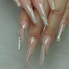 French Pink Marble Pattern Fake Nails Gold Striped Long Coffin Press On Nails | eBay Long Press On Nails, Gold Nail Designs, Nagel Tips, Gold Nail, Coffin Press On Nails, Fake Nails With Glue, Ballerina Nails, Diy Nail Art, Butterfly Nail