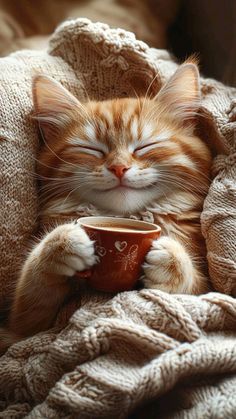 an orange and white cat sleeping on top of a blanket next to a cup