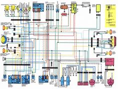 the wiring diagram for a motorcycle with all kinds of parts and functions, including wires