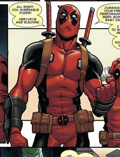 deadpool with two swords in his hands and one hand out to the side,