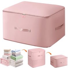 the large pink suitcase is next to several folded towels and other items in different colors