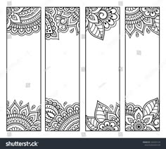 four decorative vertical dividers with flowers and leaves on the sides, black and white