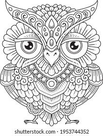 an owl with big eyes and ornate ornaments on it's head, in black and white